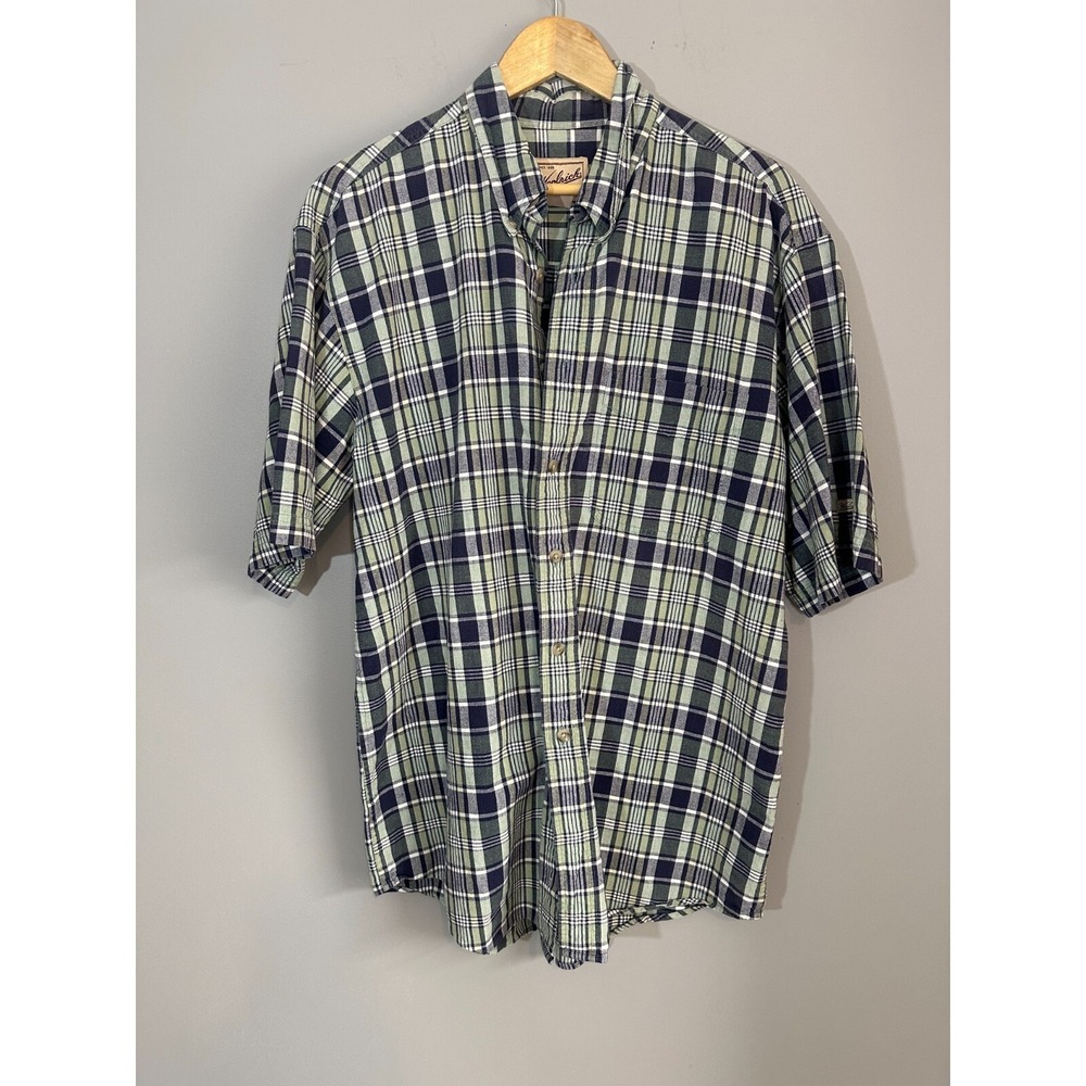 Woolrich Shirt Men's Large Green Navy Plaid Short Sleeve Button Down 100% Cotton